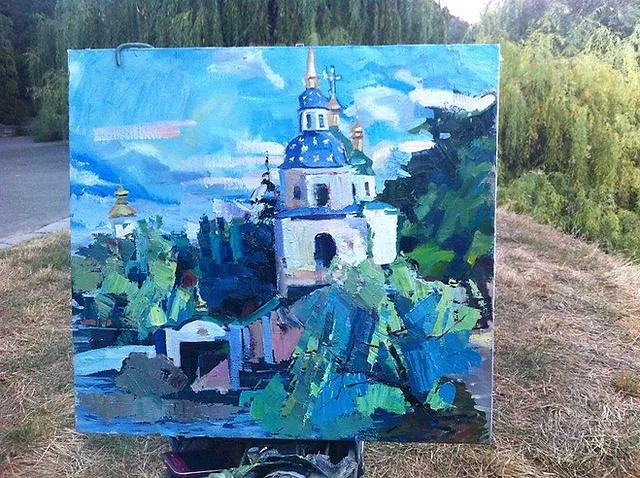Зображення "Видубецька брама" від Bogdan Burak, розмір: 60х70, матеріали:  Полотно. Олія, медіум: Живопис, місто: Київ, Свято-Михайлівський Видубицький чоловічий монастир, серія: Пленер, ціна: €150