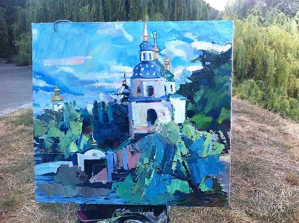 Зображення "Видубецька брама" від Bogdan Burak, розмір: 60х70, матеріали:  Полотно. Олія, медіум: Живопис, місто: Київ, Свято-Михайлівський Видубицький чоловічий монастир, серія: Пленер, ціна: €150