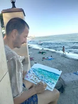 Зображення "Максим з надхненням пише" від Bogdan Burak, медіум: Живопис, місто: Одеса, пляж Золотий берег, серія: Пленер